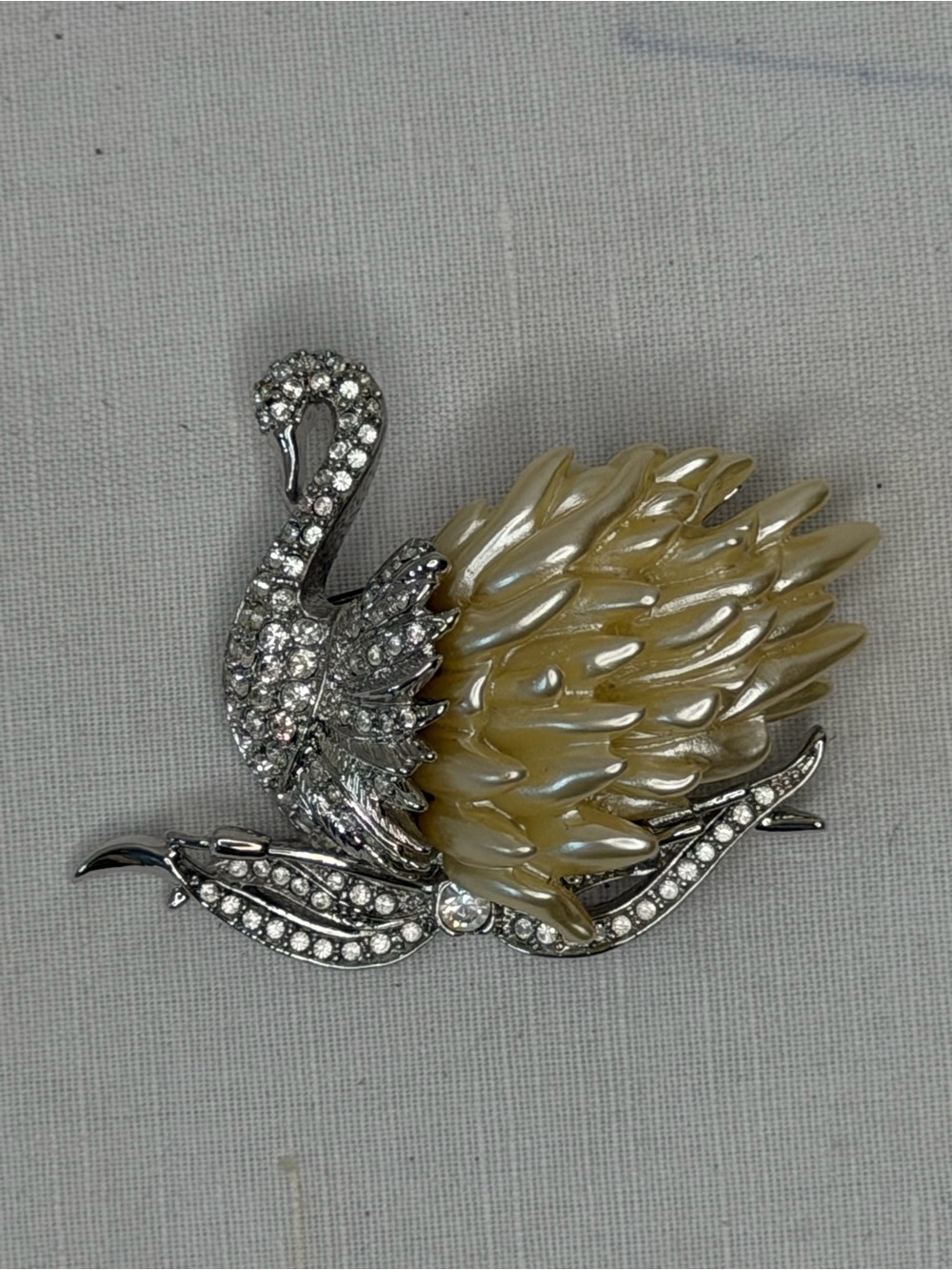 Nolan Miller Crystal Swan Brooch in Cream and Silver